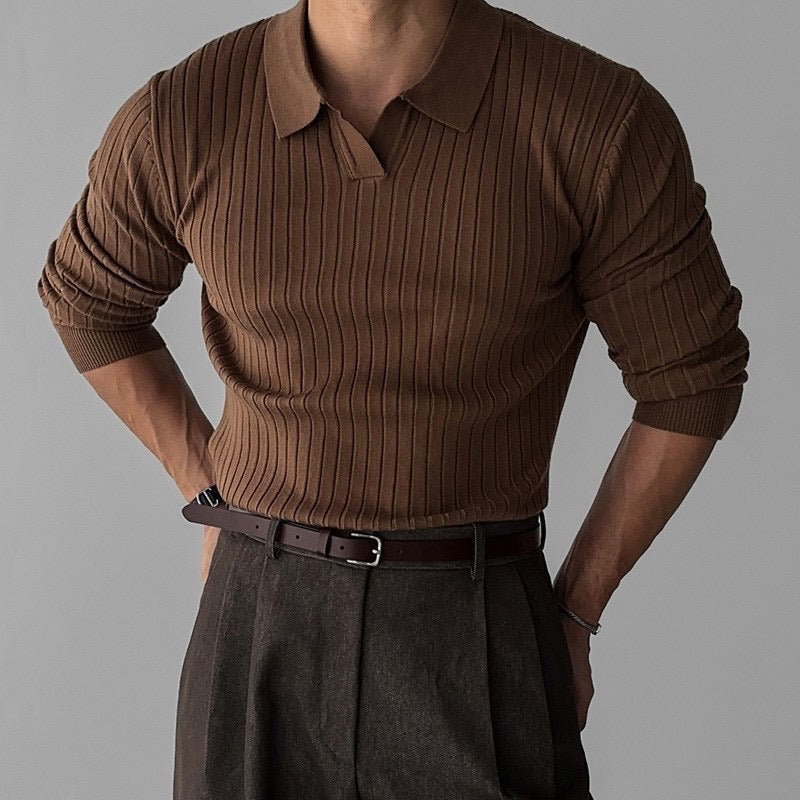 Long-Sleeve Ribbed Knit Polo | Elegant & Fitted | Timeless Style