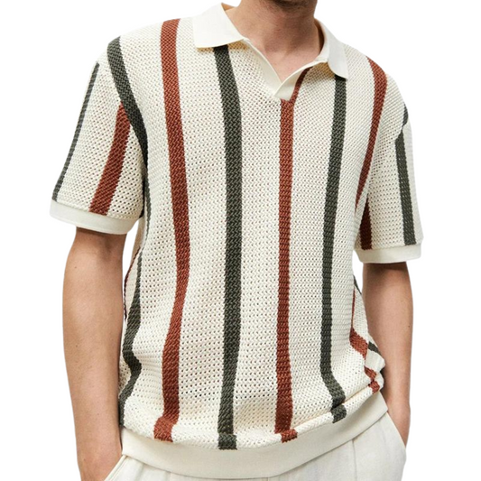 Striped Knit Polo Shirt | Cotton Blend | Retro & Breathable