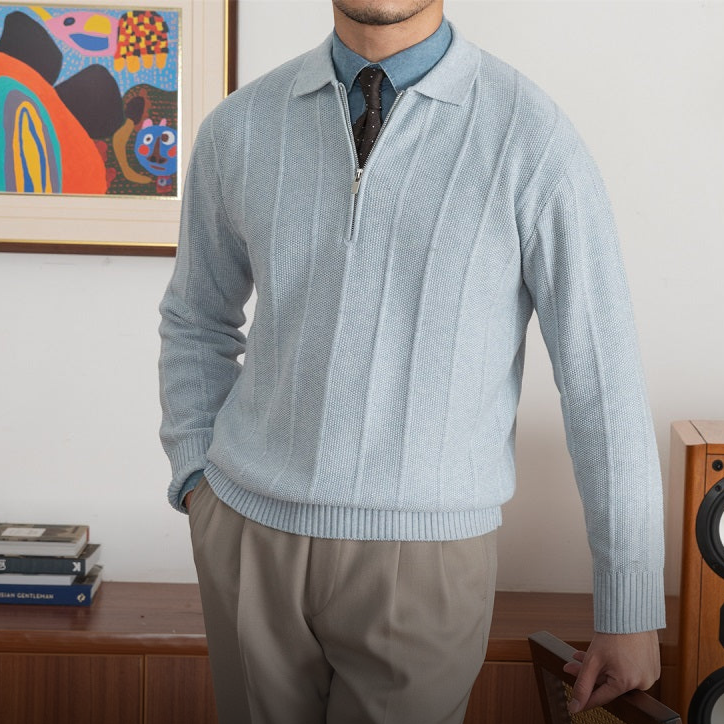 Men's Quarter-Zip Polo Sweater | Ribbed Knit | Smart & Versatile