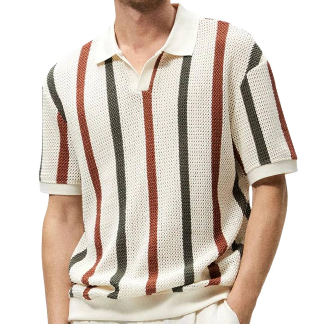 Striped Knit Polo Shirt | Cotton Blend | Retro & Breathable