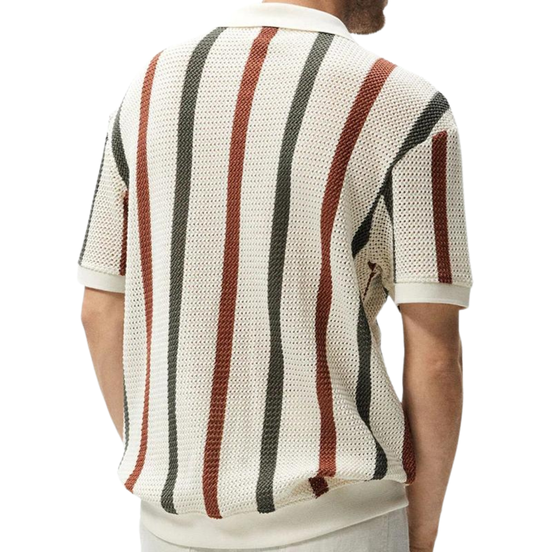 Striped Knit Polo Shirt | Cotton Blend | Retro & Breathable