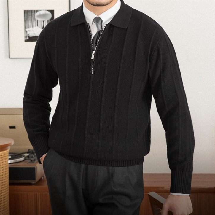 Men's Quarter-Zip Polo Sweater | Ribbed Knit | Smart & Versatile