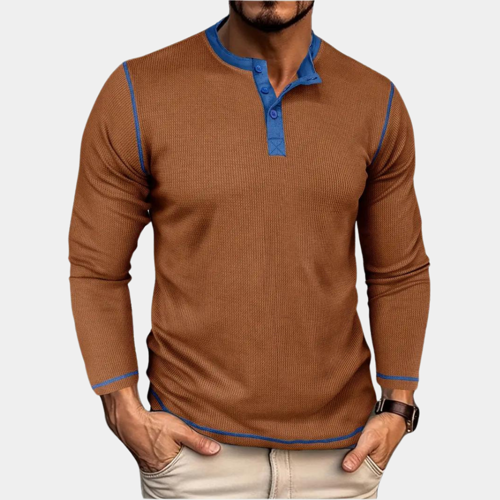 Men’s Long-Sleeve Henley Polo | Smart & Stylish | Contrast Trim