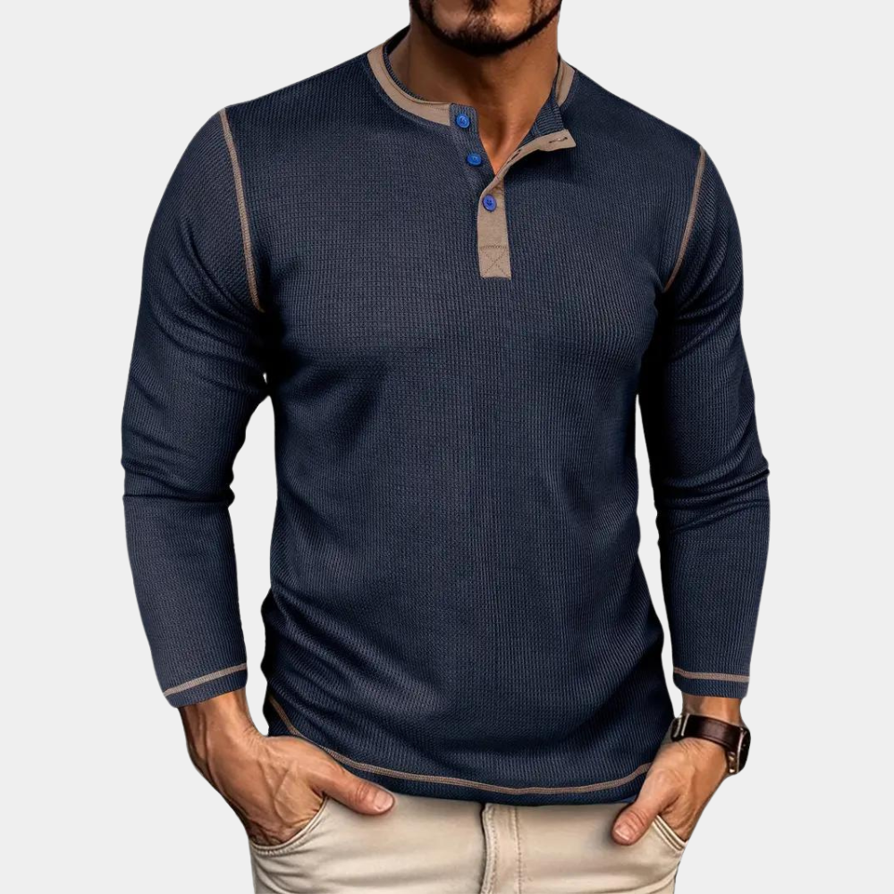 Men’s Long-Sleeve Henley Polo | Smart & Stylish | Contrast Trim