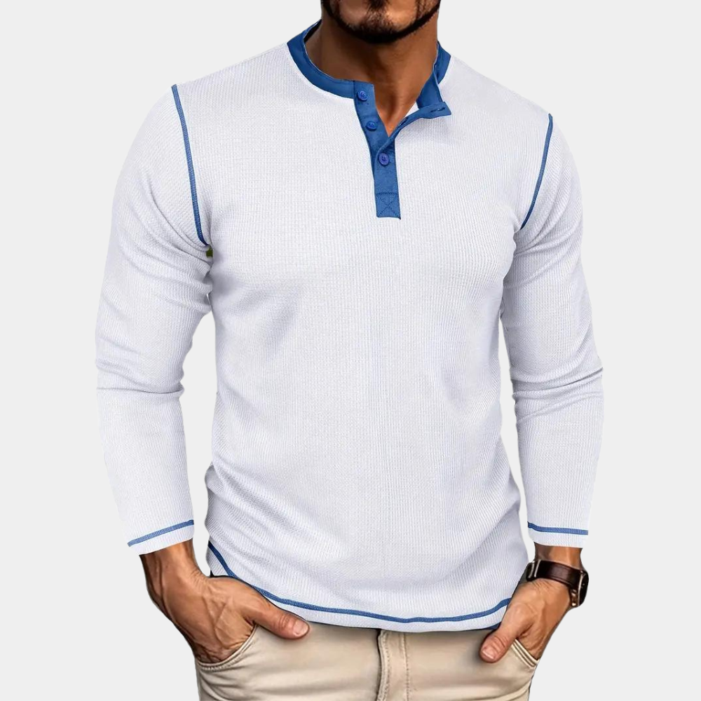 Men’s Long-Sleeve Henley Polo | Smart & Stylish | Contrast Trim