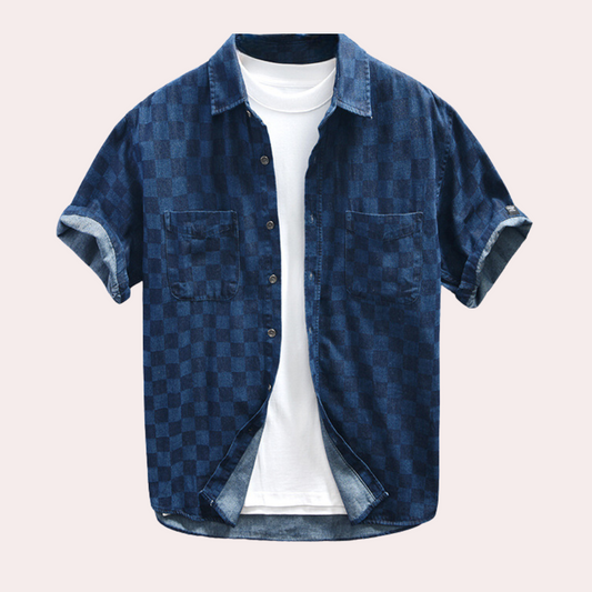 Men’s Checkered Denim Shirt | Short Sleeve | Trendy & Casual