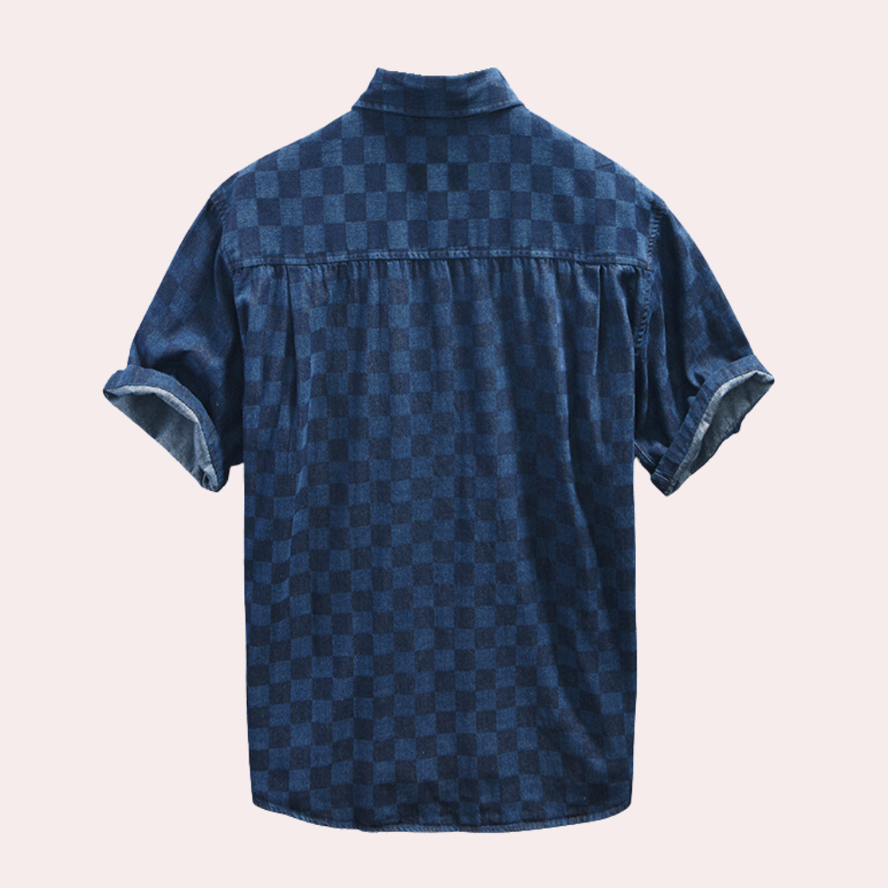 Men’s Checkered Denim Shirt | Short Sleeve | Trendy & Casual