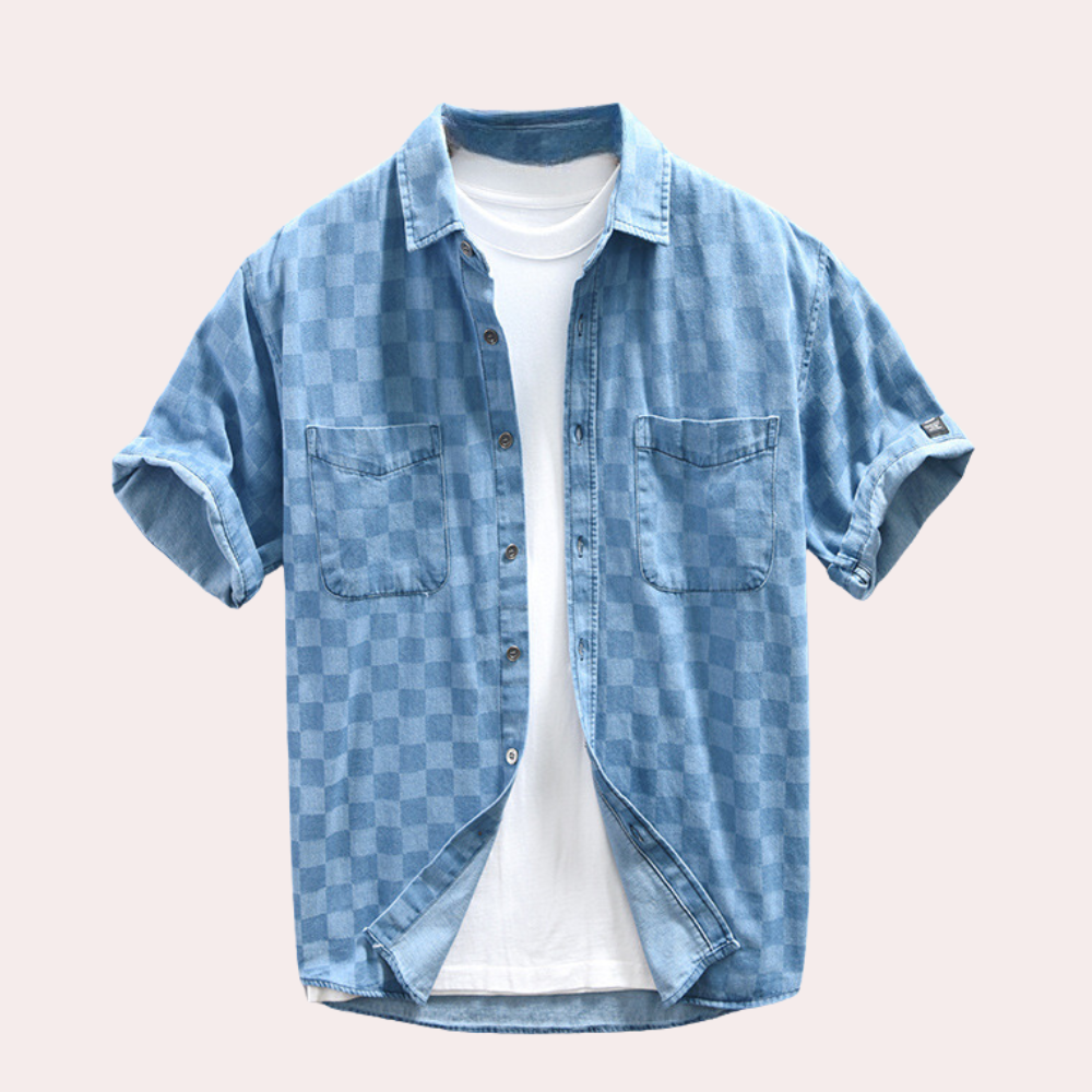 Men’s Checkered Denim Shirt | Short Sleeve | Trendy & Casual