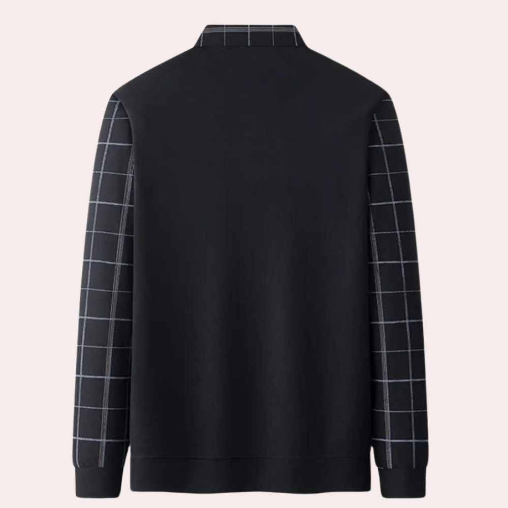 Men’s Layered-Look V-Neck Sweater | Smart-Casual | Plaid Sleeve Design