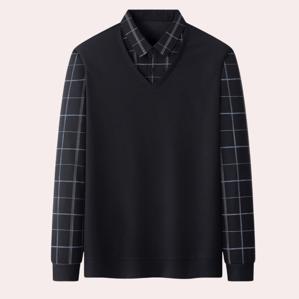 Men’s Layered-Look V-Neck Sweater | Smart-Casual | Plaid Sleeve Design