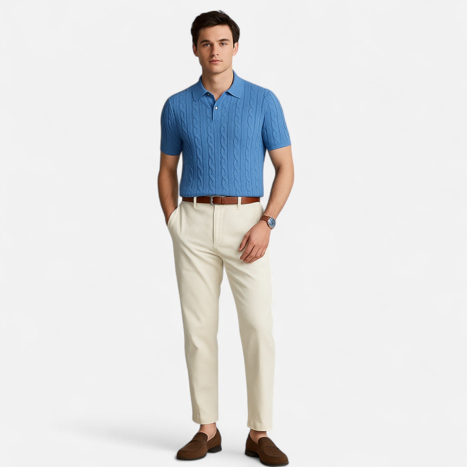 The Gentleman’s Brand | Cable Knit Polo – Men’s Short Sleeve Textured Polo Shirt for Smart Summer Wear