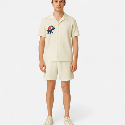 The Gentleman’s Brand | Men’s Floral Embroidered Knit Set – Shirt & Shorts – Textured Leisure, Botanical Detail