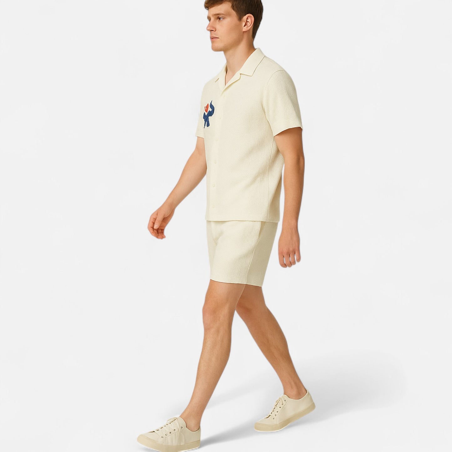 The Gentleman’s Brand | Men’s Floral Embroidered Knit Set – Shirt & Shorts – Textured Leisure, Botanical Detail