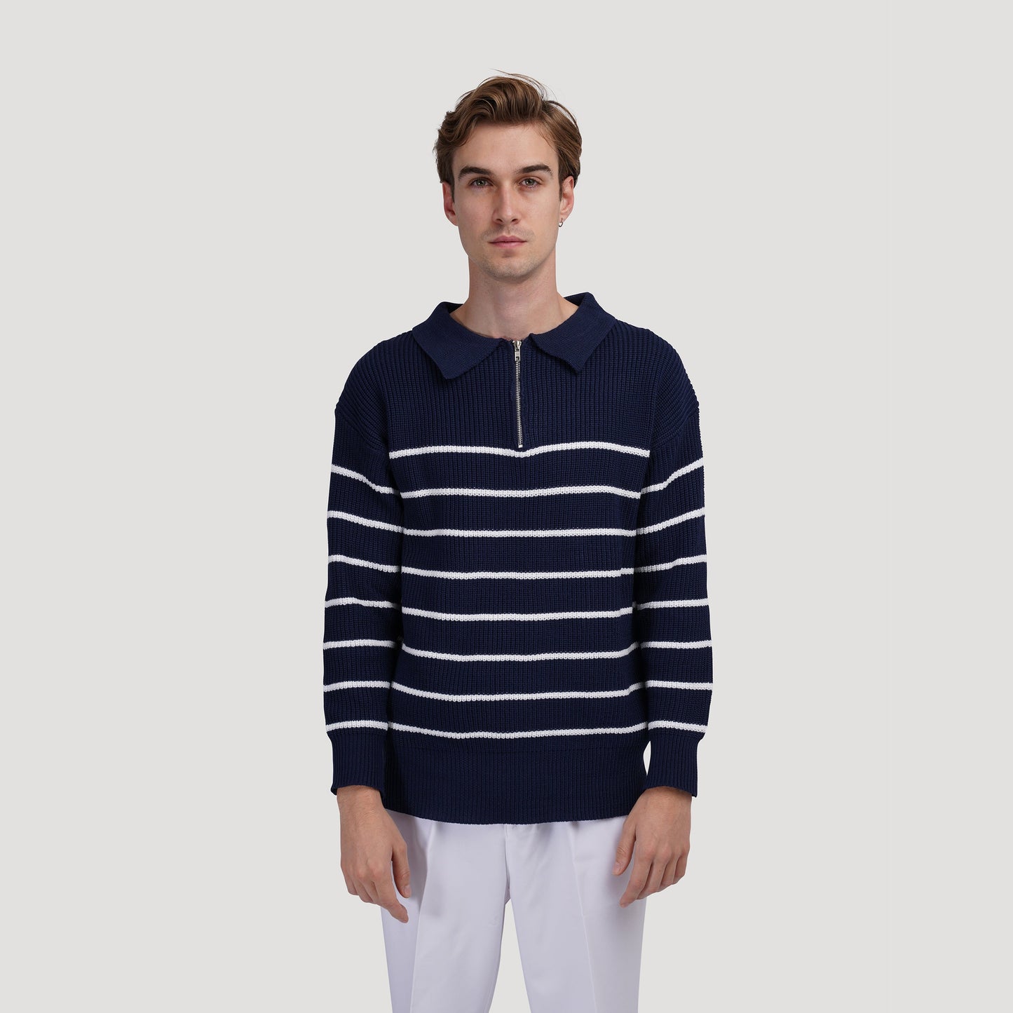 Striped Half-Zip Sweater | Cotton Blend | Classic & Versatile