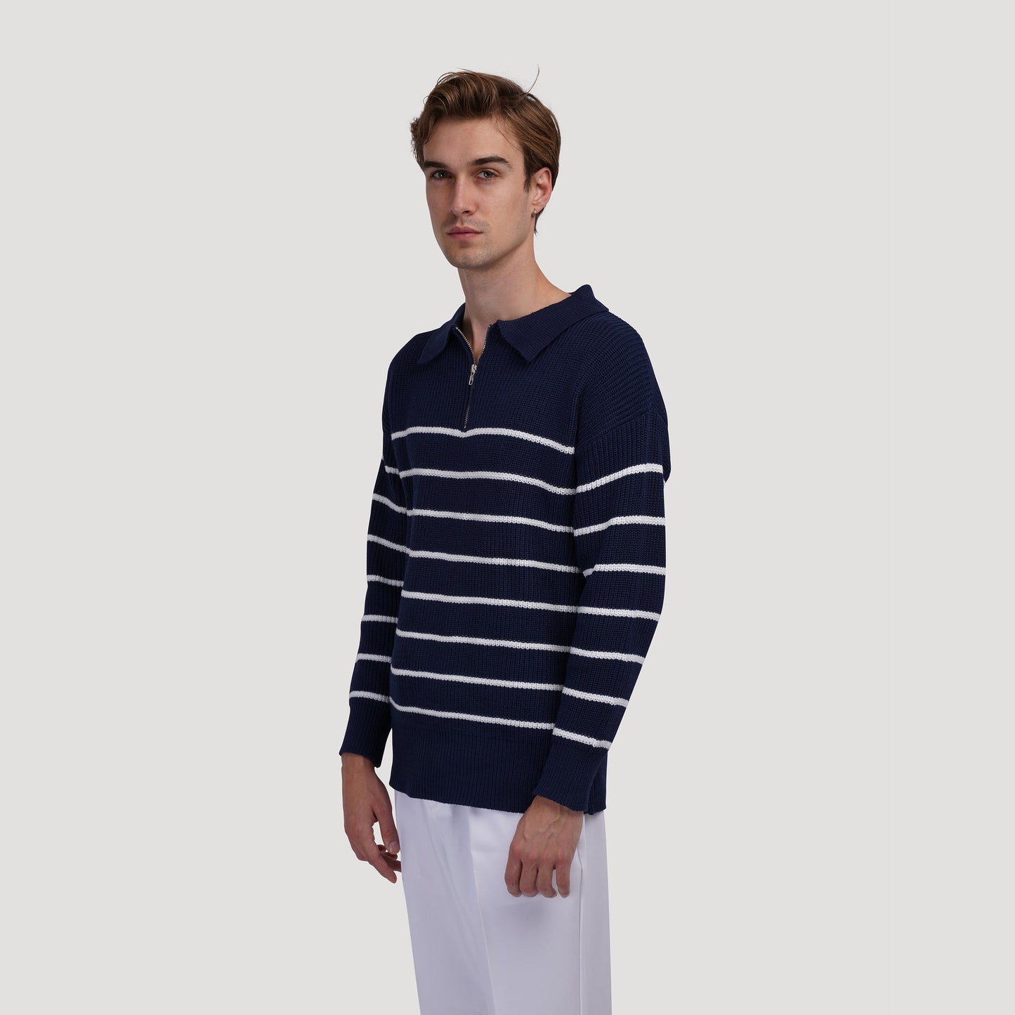 Striped Half-Zip Sweater | Cotton Blend | Classic & Versatile