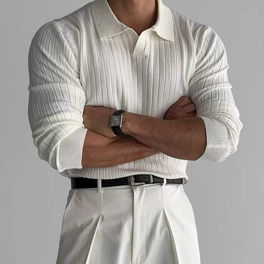 Long-Sleeve Ribbed Knit Polo | Elegant & Fitted | Timeless Style