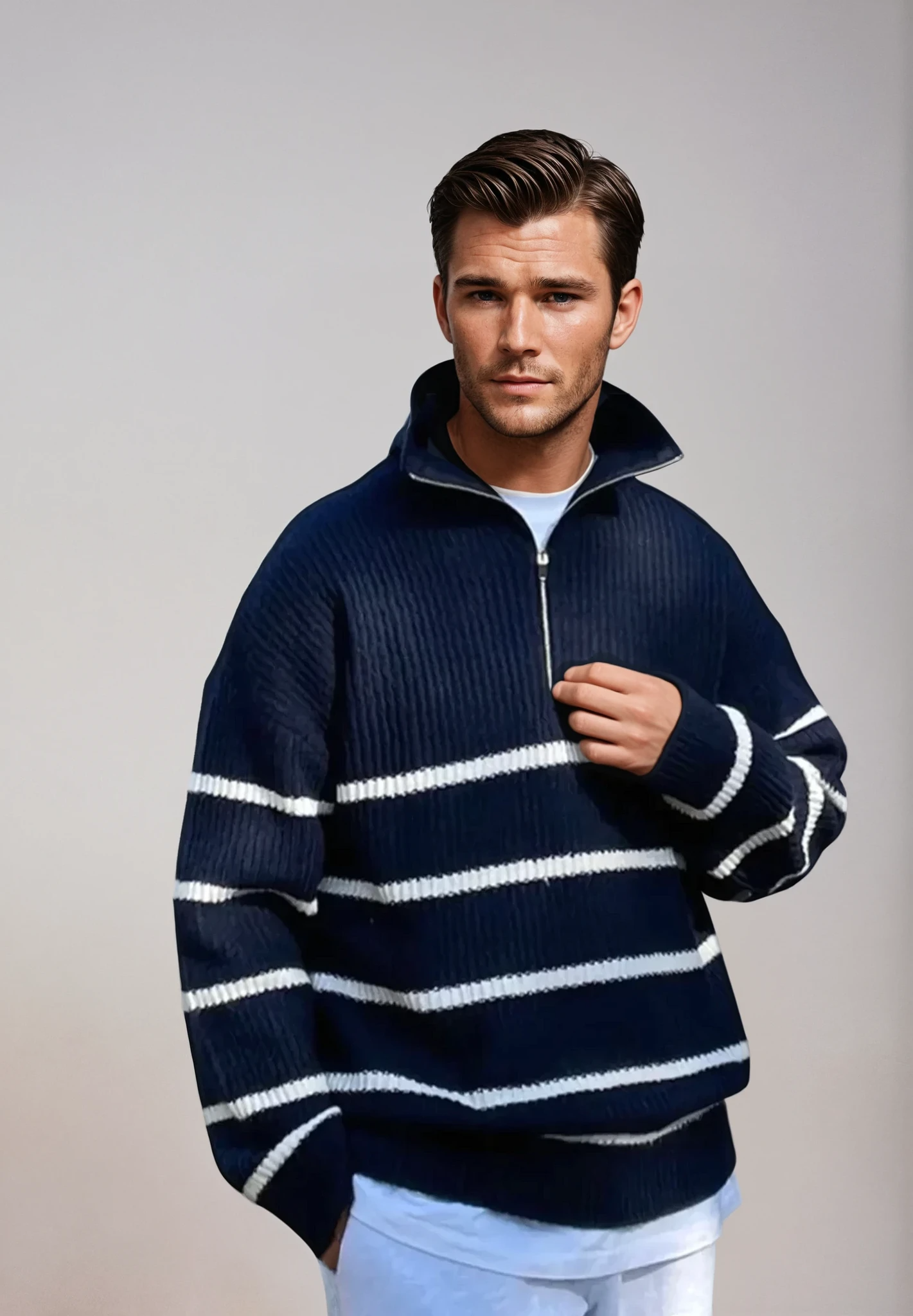 Men's Striped Quarter-Zip Sweater | Wool Blend | Casual & Stylish