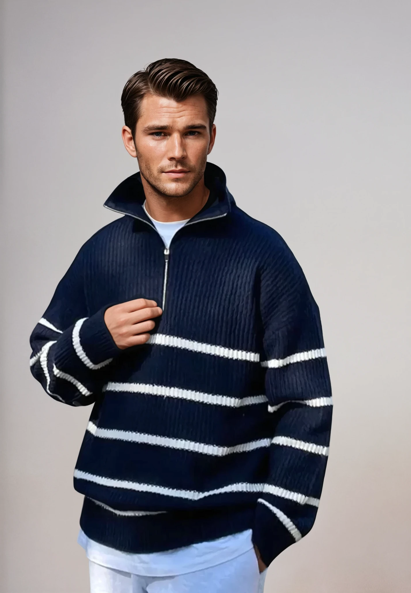 Men's Striped Quarter-Zip Sweater | Wool Blend | Casual & Stylish