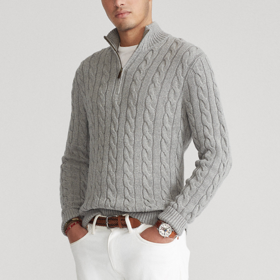 Men's Cable Knit Quarter-Zip Sweater | Wool Blend | Classic & Sophisticated