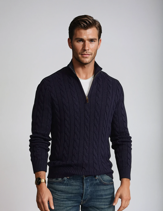 Men's Cable Knit Quarter-Zip Sweater | Wool Blend | Classic & Sophisticated