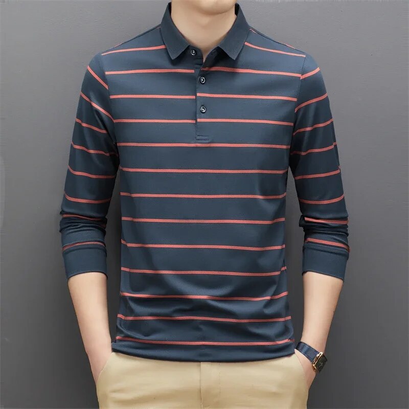 Striped Long-Sleeve Polo Shirt | Cotton Blend | Classic & Comfortable