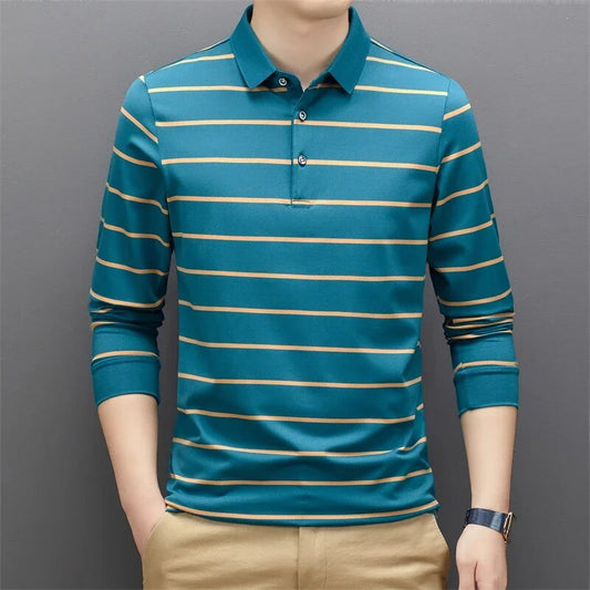 Striped Long-Sleeve Polo Shirt | Cotton Blend | Classic & Comfortable