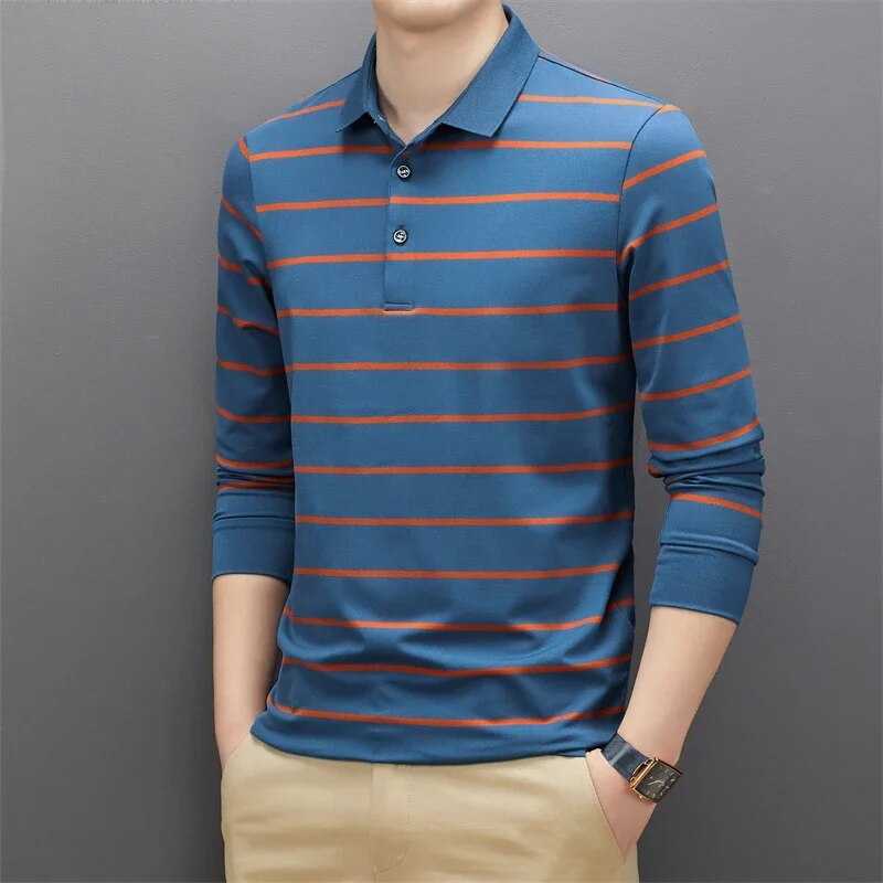 Striped Long-Sleeve Polo Shirt | Cotton Blend | Classic & Comfortable