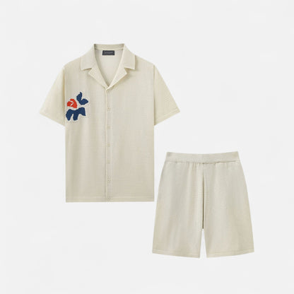 The Gentleman’s Brand | Men’s Floral Embroidered Knit Set – Shirt & Shorts – Textured Leisure, Botanical Detail
