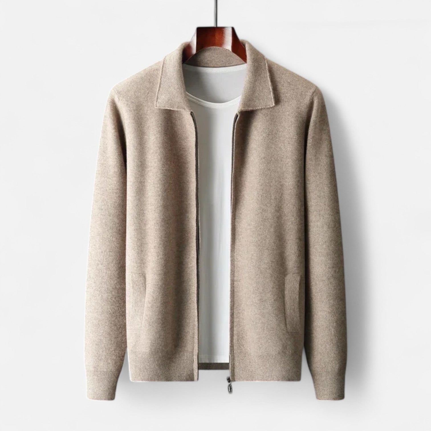 The Gentleman’s Brand Zip Collar Knit Jacket – men’s wool blend cardigan, minimalist knit jacket, smart casual layering piece